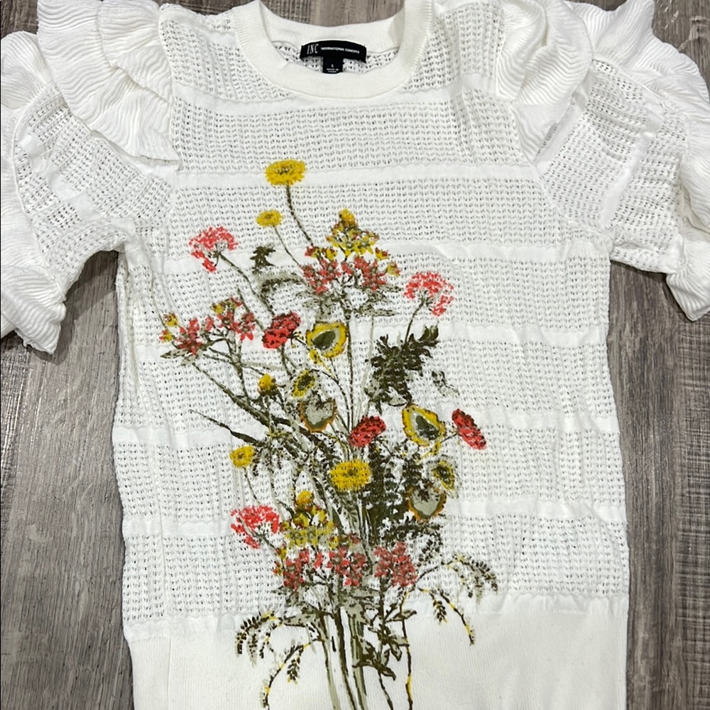 INC International Concepts White Ruffled Graphic Blouse Short Sleeve